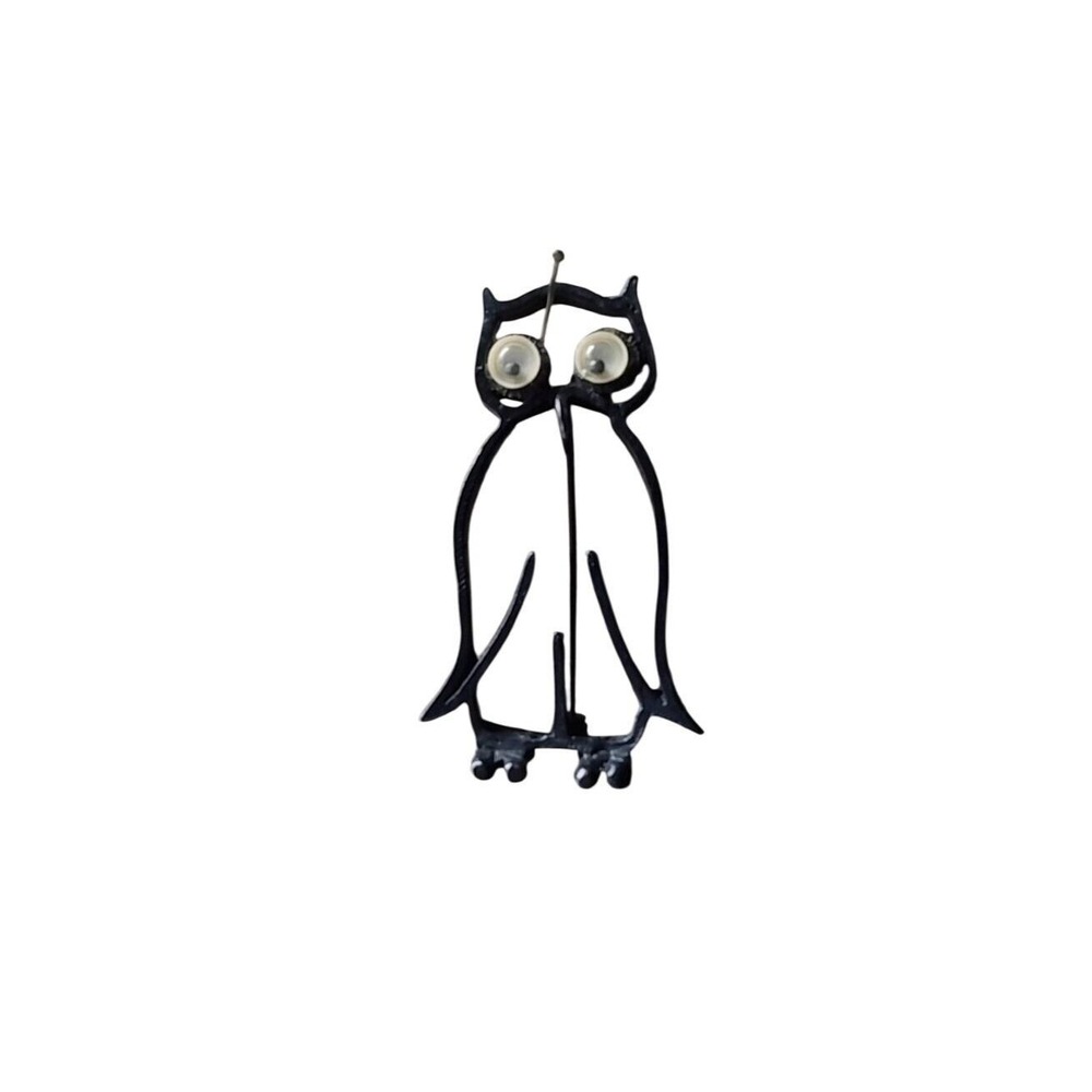 Black Metal Owl Brooch Pin with Googly Eyes Whimsical vintage Bird